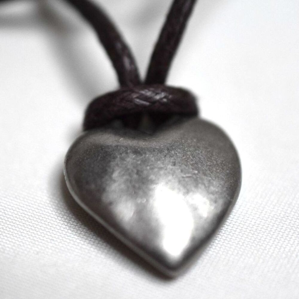 NWOT J.Jill Puffed Heart Silver Tone Accents Brown Cord Adj. Up To 34" Necklace - Picture 3 of 5